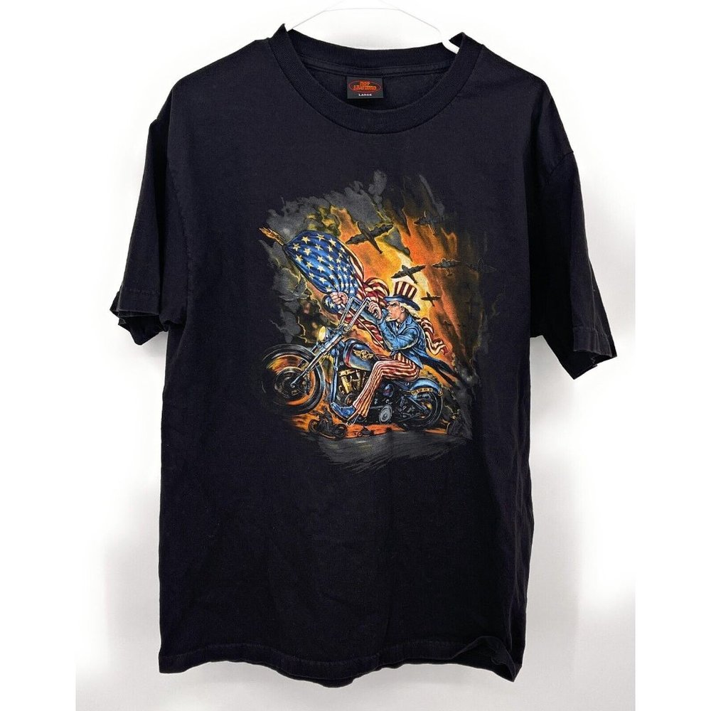 Hot Leathers Patriot Motorcycle USA American Flag Black Tshirt Sz‎ L